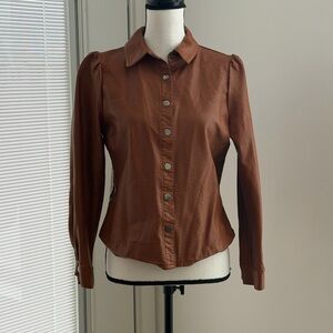 Haute Monde Brown Faux Leather Snap Front Shirt
